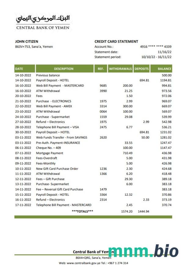 Jemen Bank Centralny Jemenu wyciąg bankowy, Excel i szablon PDF